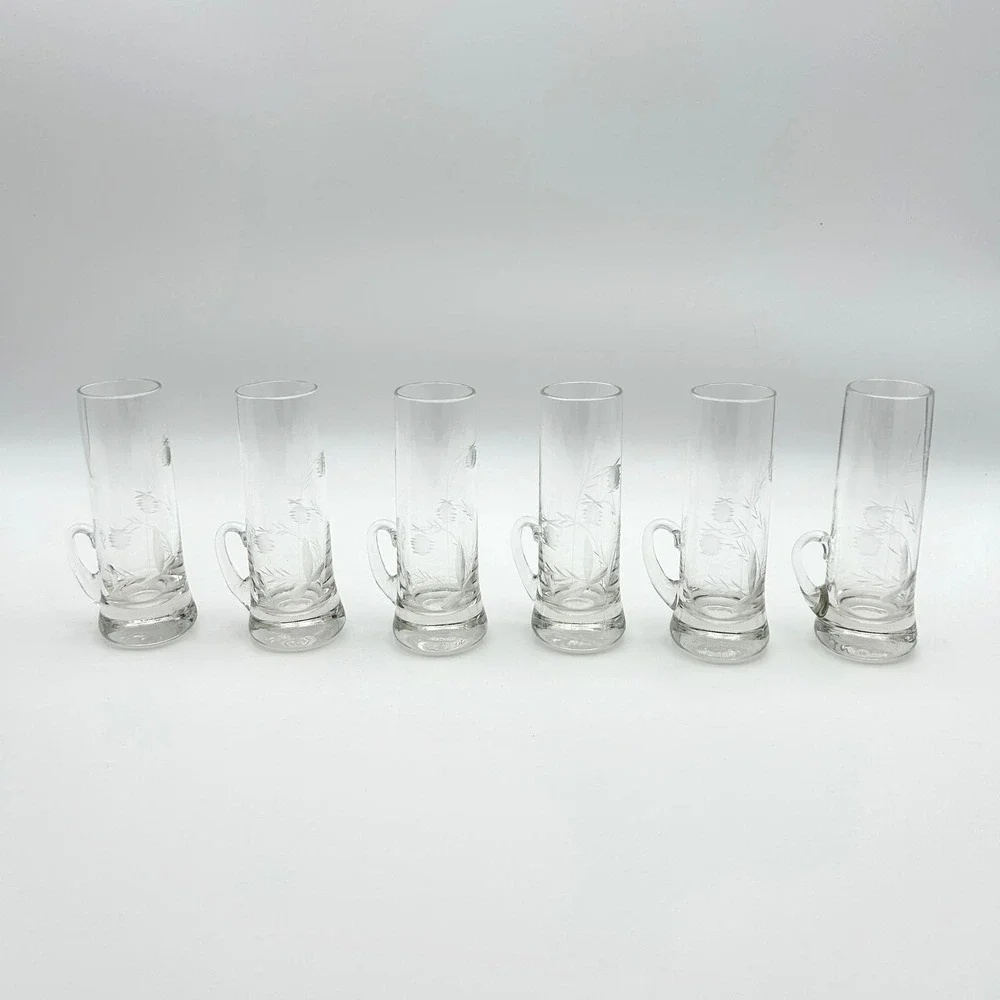 Vintage‎ Etched Crystal Cordial Glasses - Set of 6 Thistle & Wheat Liqueur Cups